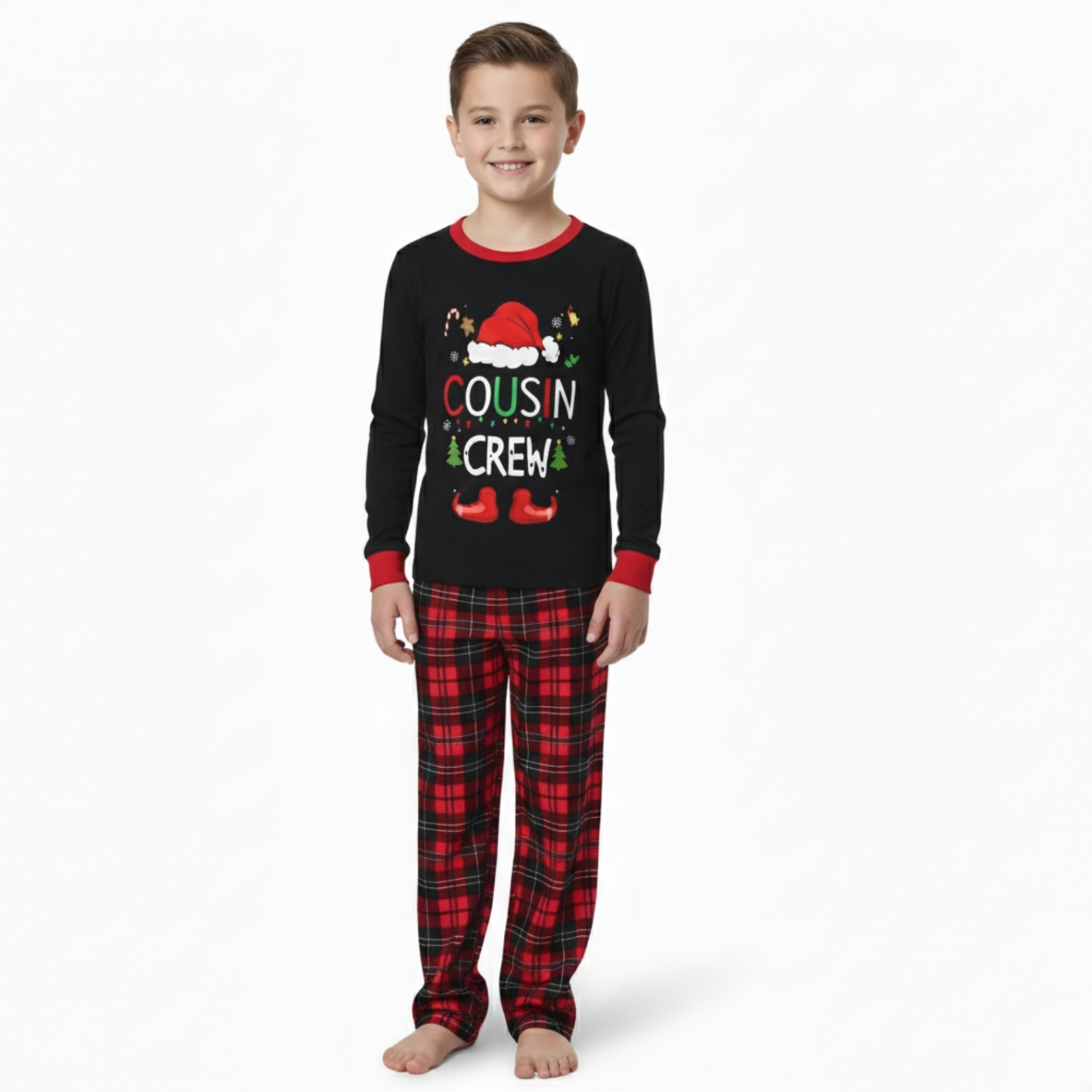Christmas Crew Printed Matching Plaid Pajama Set