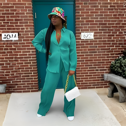 2 Piece Button Down Shirt And Pleated Pants Set For Women