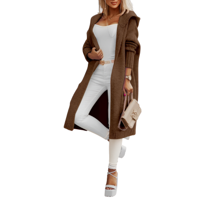 Long Knitted Hooded Cardigan With Open Front  For Women