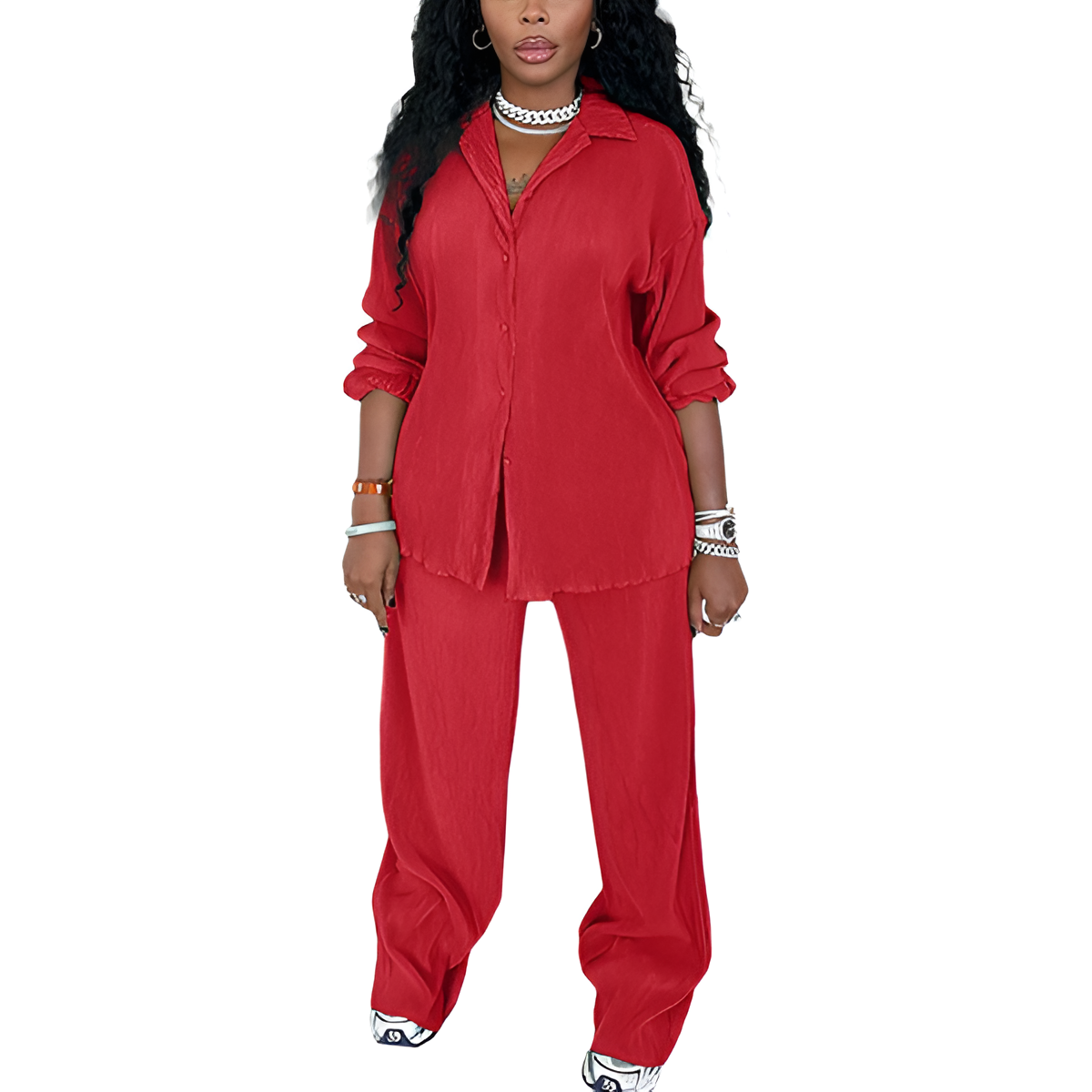 2 Piece Button Down Shirt And Pleated Pants Set For Women