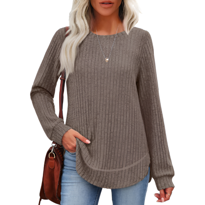 Tunic Tops for Women Loose Fit Dressy Long Sleeve Shirts Womens Sweaters Crew Neck Fall Clothing with Curved Hem