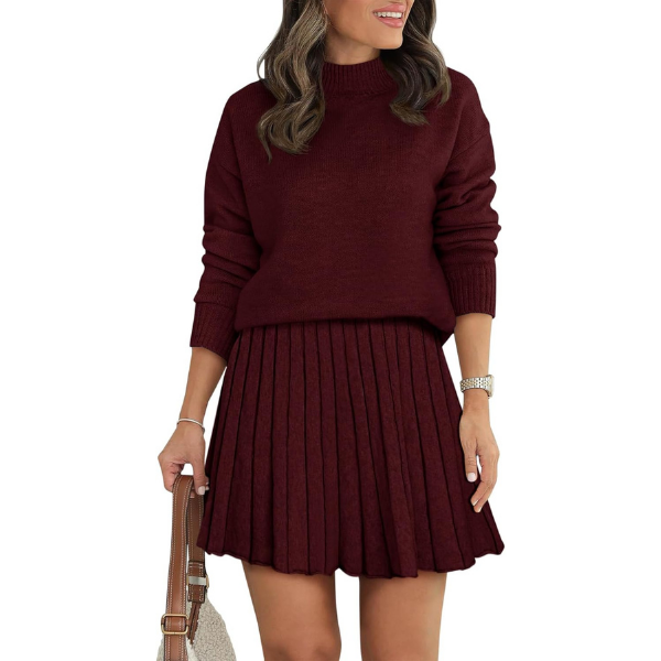 Women's Two Piece Outfits Turtleneck Long Sleeve Ribbed Knit Tops Pleated Mini Skirt 2026 Casual Sweater Sets