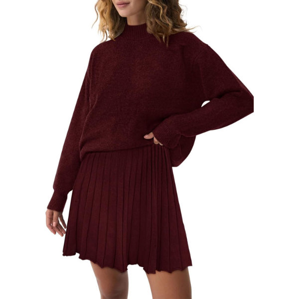 Women's Two Piece Outfits Turtleneck Long Sleeve Ribbed Knit Tops Pleated Mini Skirt 2026 Casual Sweater Sets