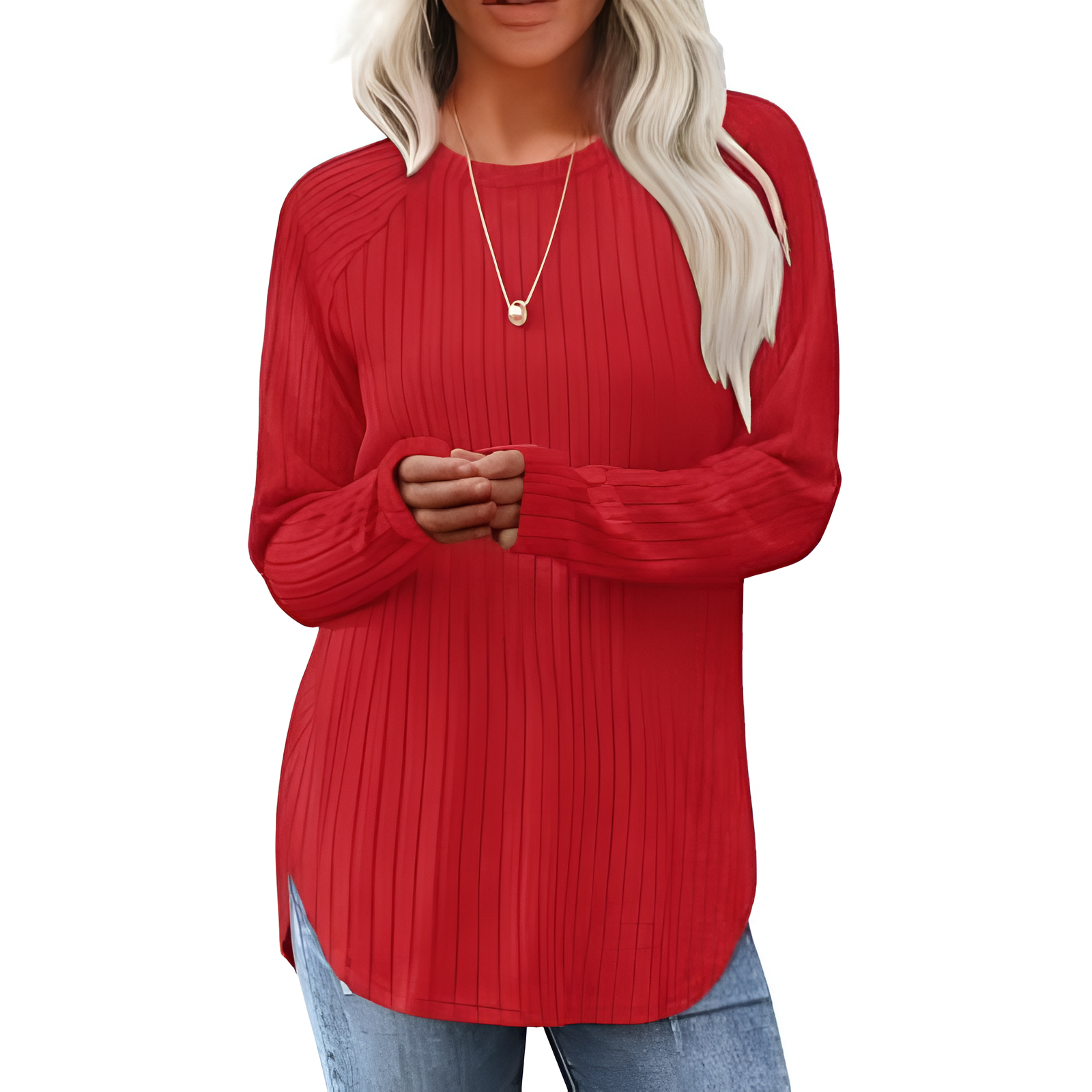 Long Sleeve Tunic Top With Loose Fit And Curved Hem For Women