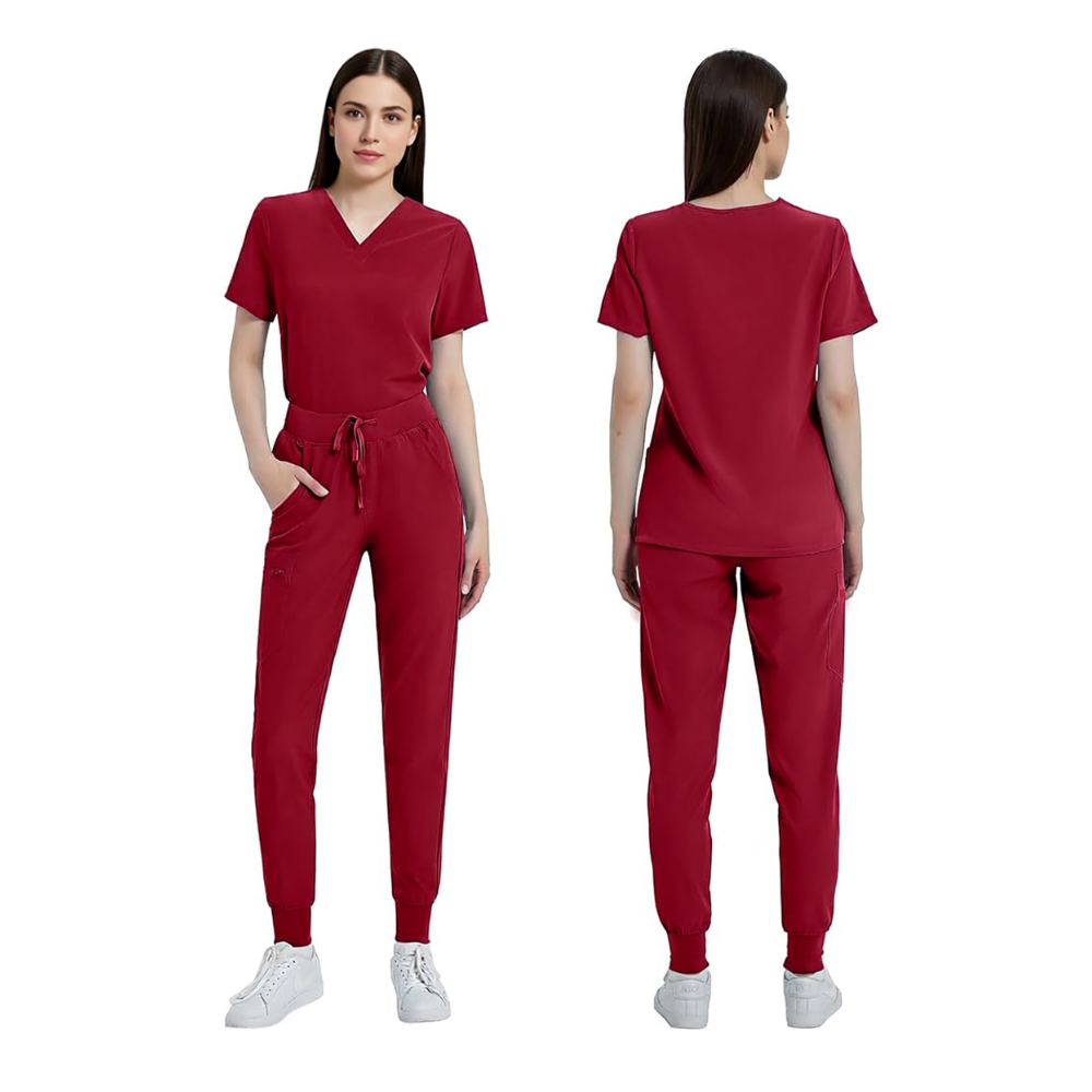 Stretchy V Designed Scrubs Top And Yoga Jogger Pants For Women