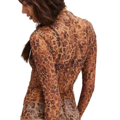 Floral Lace Mesh Top With Long Sleeves And Sheer Layering Design For Women