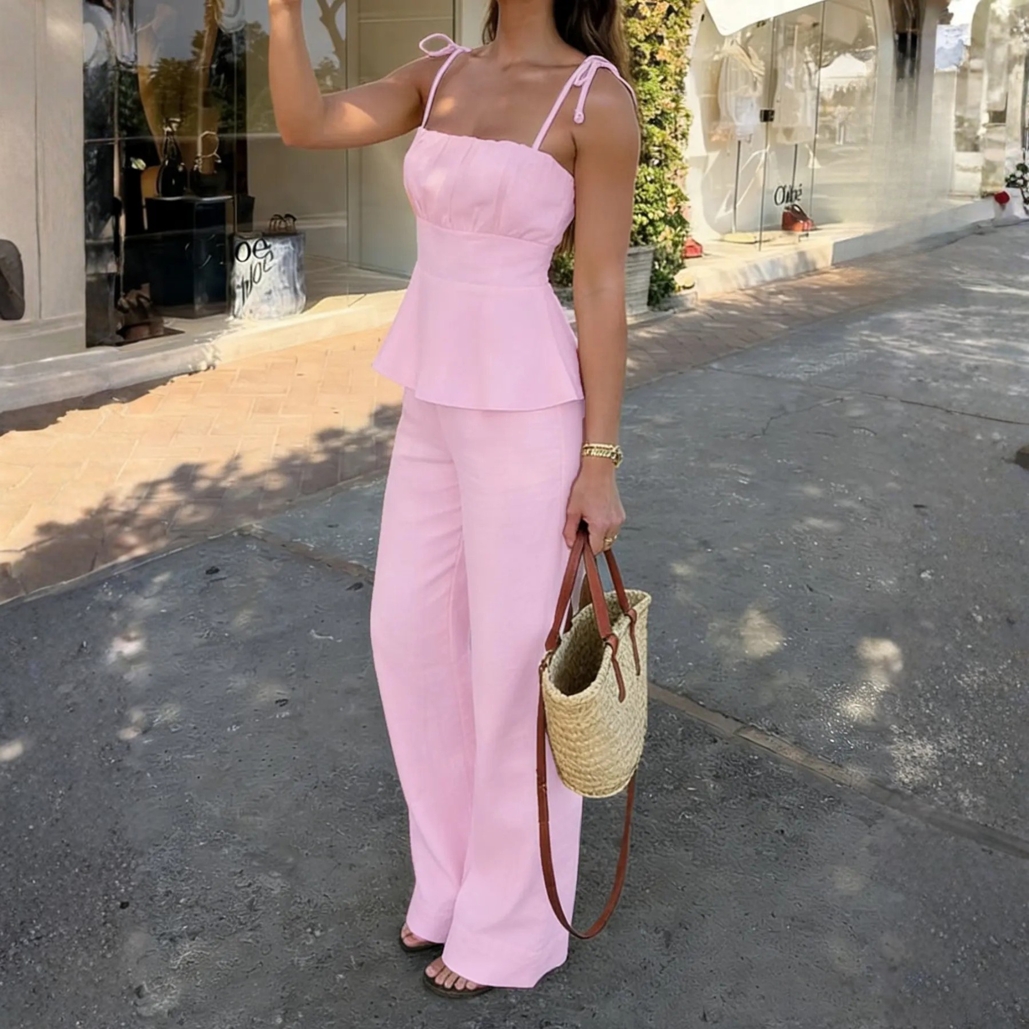 Casual Simple Ruffled Spaghetti Strap Cami Top And Pants Set