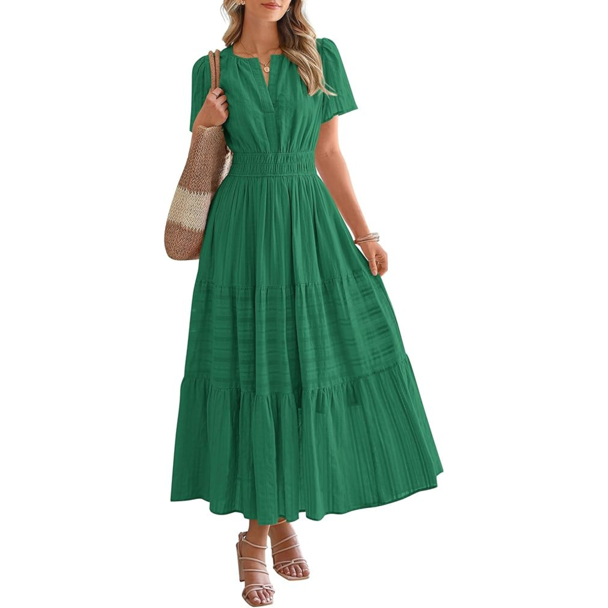 Womens Summer 2026 Casual Midi Maxi Dresses Lightweight Short Sleeve V Neck Elastic Waist Boho Beach Dress Pockets