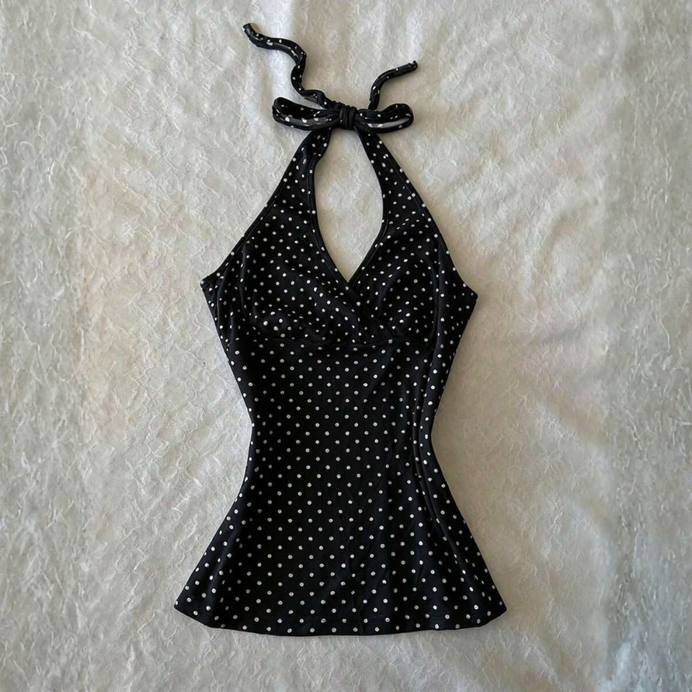 Polka Dot Digital Print Halter Neck Tie Back Tank Tops