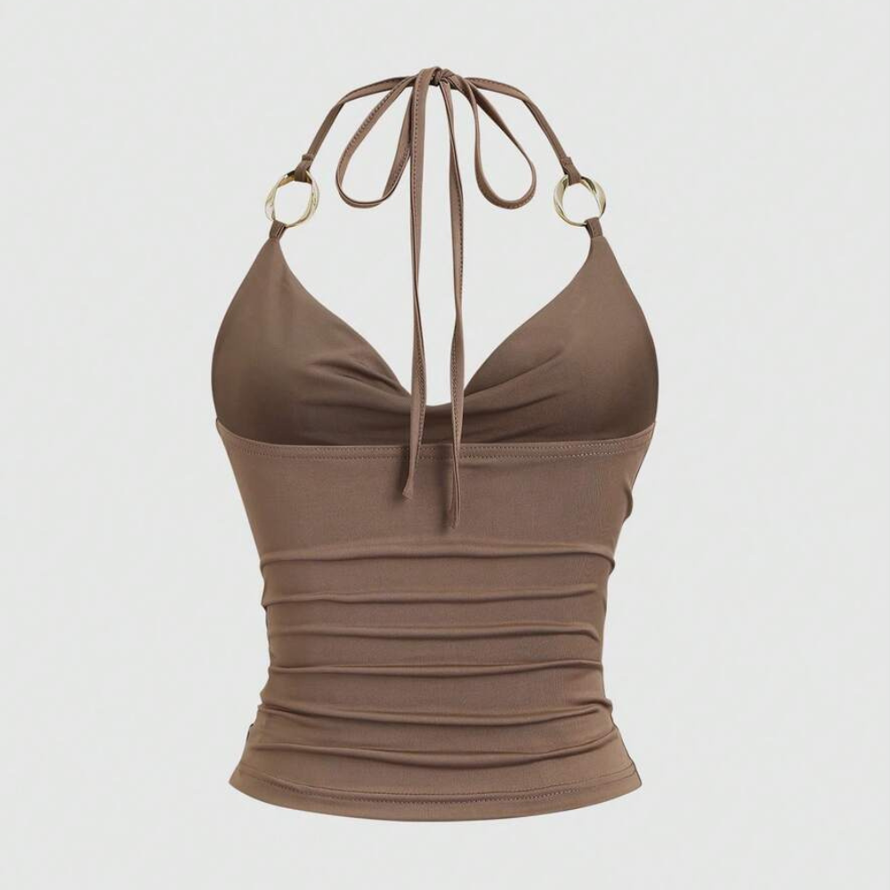Ring Decor Draped Neck Tie Strap Tank Top