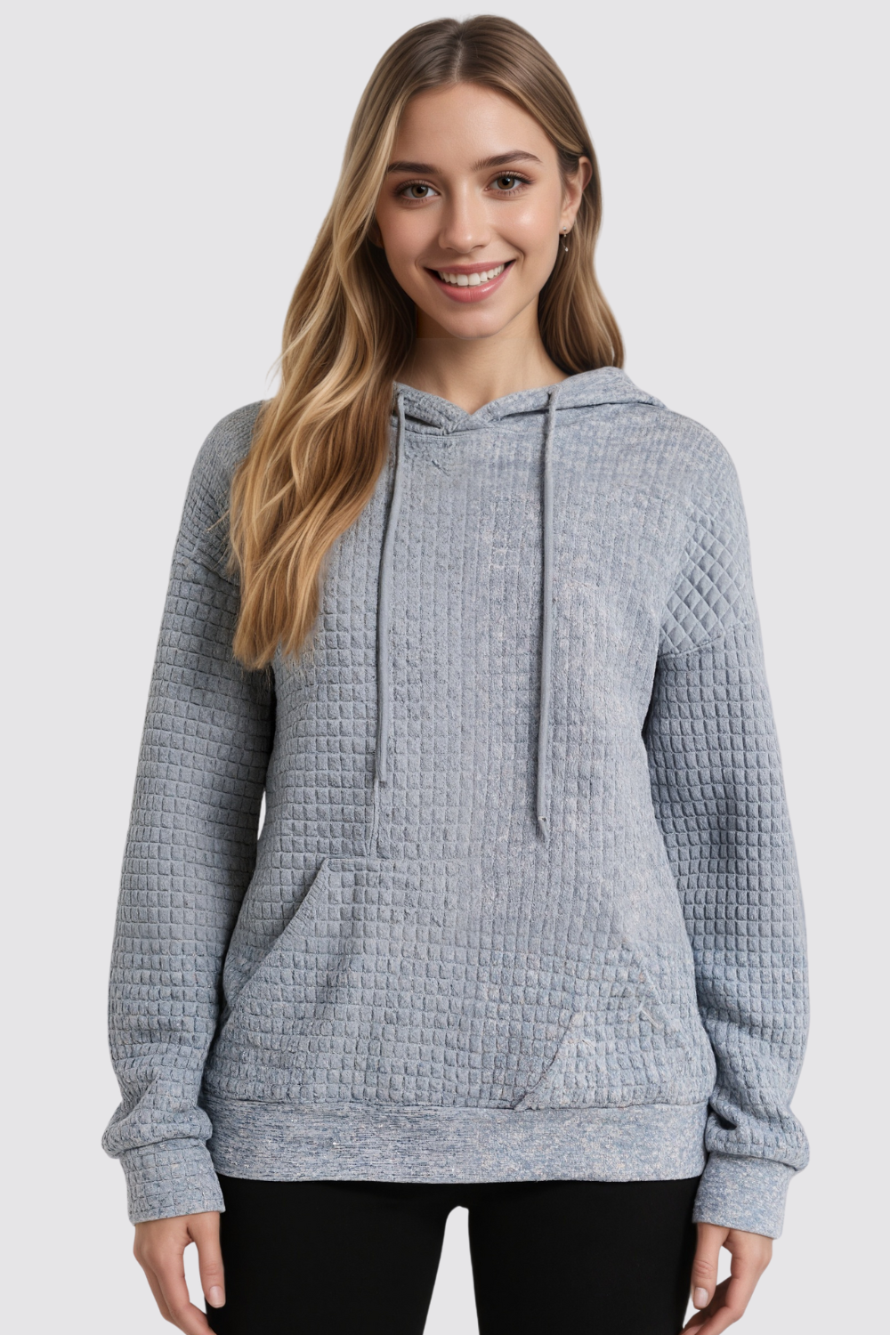 Casual Long Sleeve Drawstring Waffle Pullover Hoodie