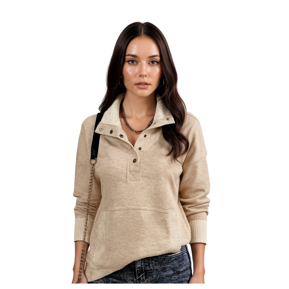 Women Lightweight Long Sleeve Button Loose Pullover Sweatshirt