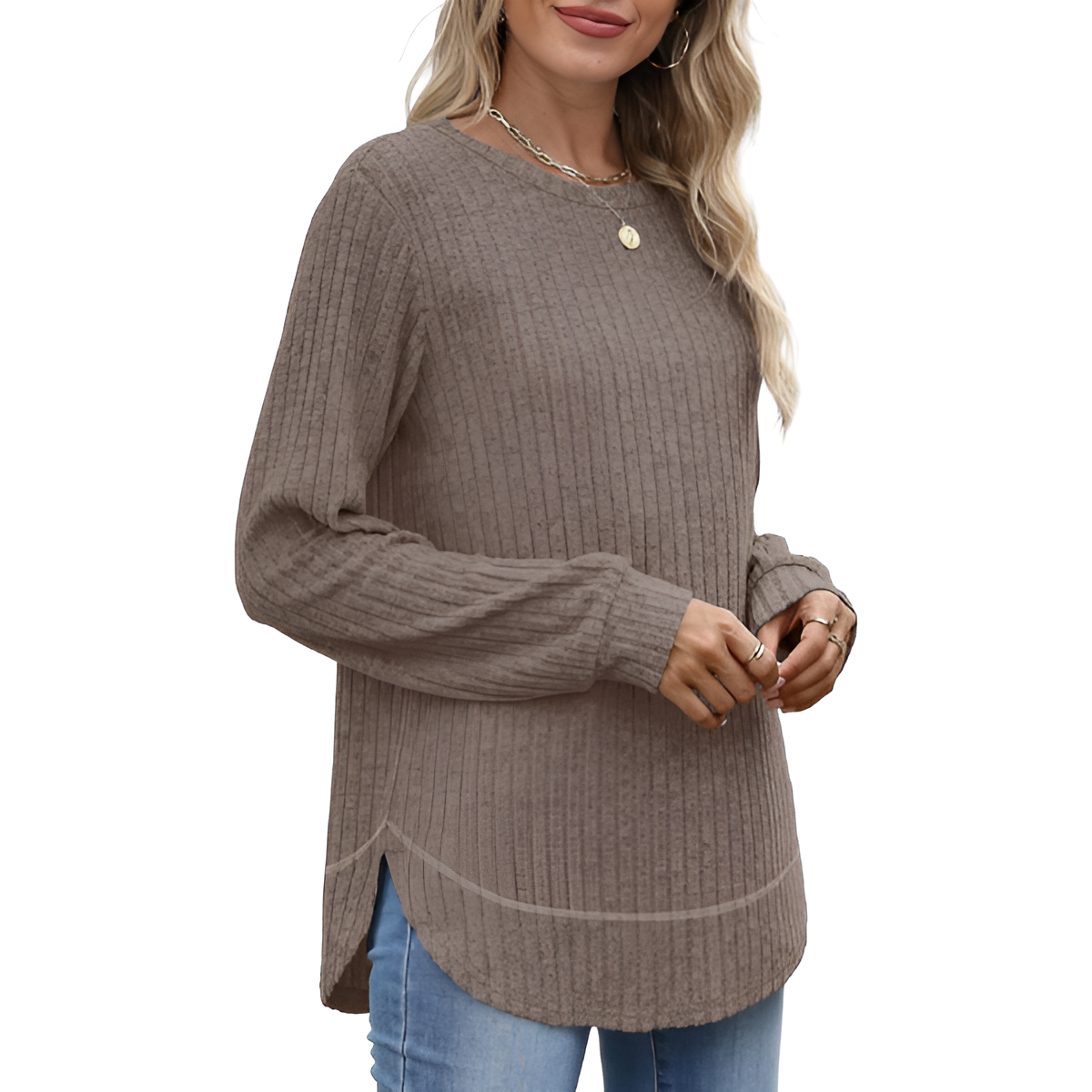 Tunic Tops for Women Loose Fit Dressy Long Sleeve Shirts Womens Sweaters Crew Neck Fall Clothing with Curved Hem