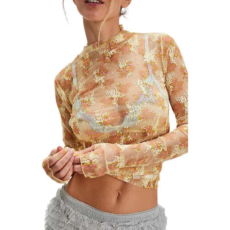 Floral Lace Mesh Top With Long Sleeves And Sheer Layering Design For Women