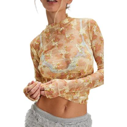 Floral Lace Mesh Top With Long Sleeves And Sheer Layering Design For Women
