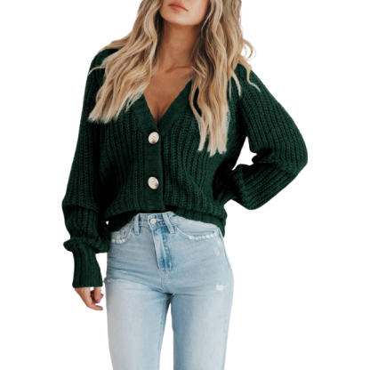 Women's Chunky Knit Open Front Sweater Long Sleeve Button Loose Short Cardigan Outerwear Coats