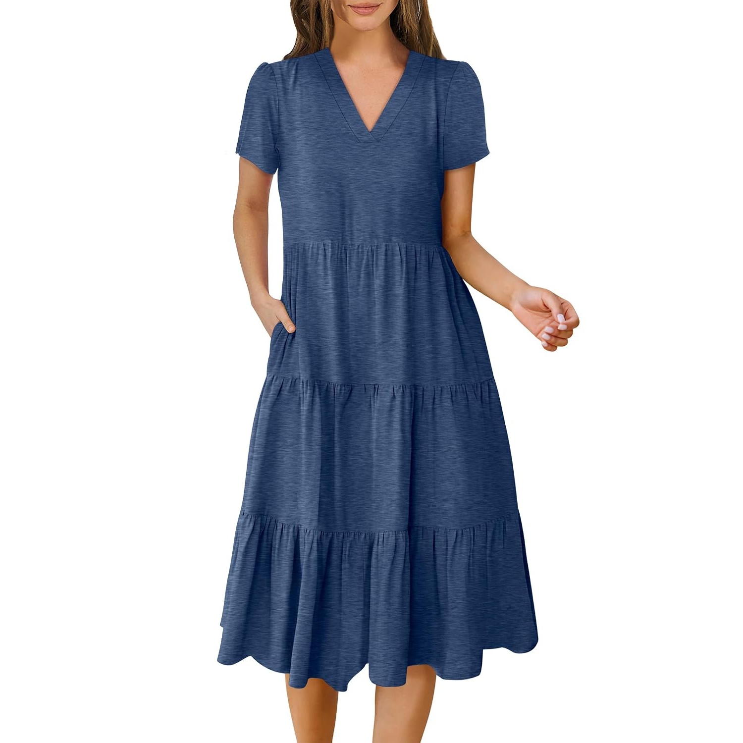 Casual Short Sleeve Tiered Boho Beach Midi Dress For Women