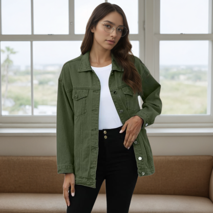 Women’s Oversized Mid Long Denim Jacket Casual Jean Biker Coat