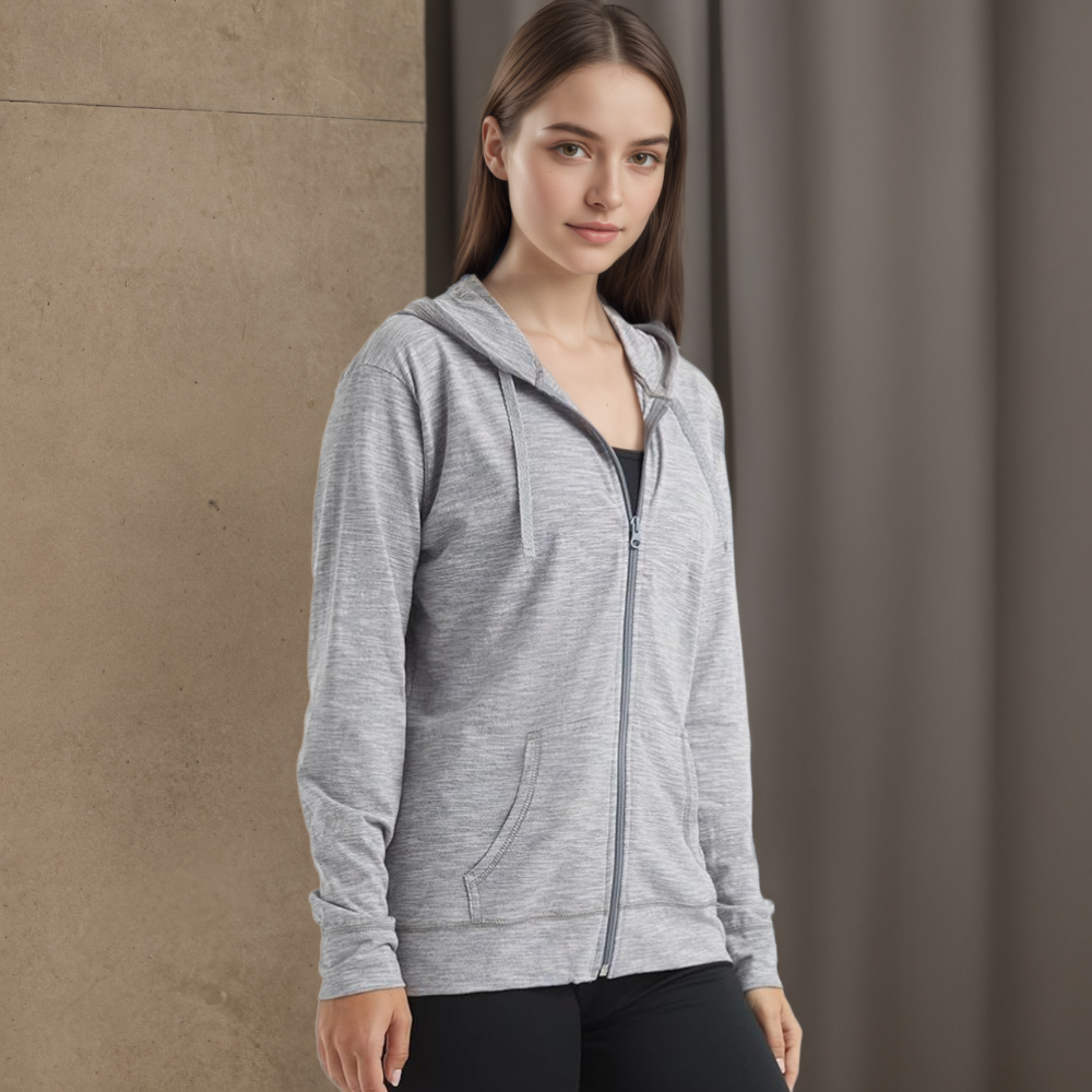 Women Slub Hoodie Textured Cotton Zip Up T-Shirt