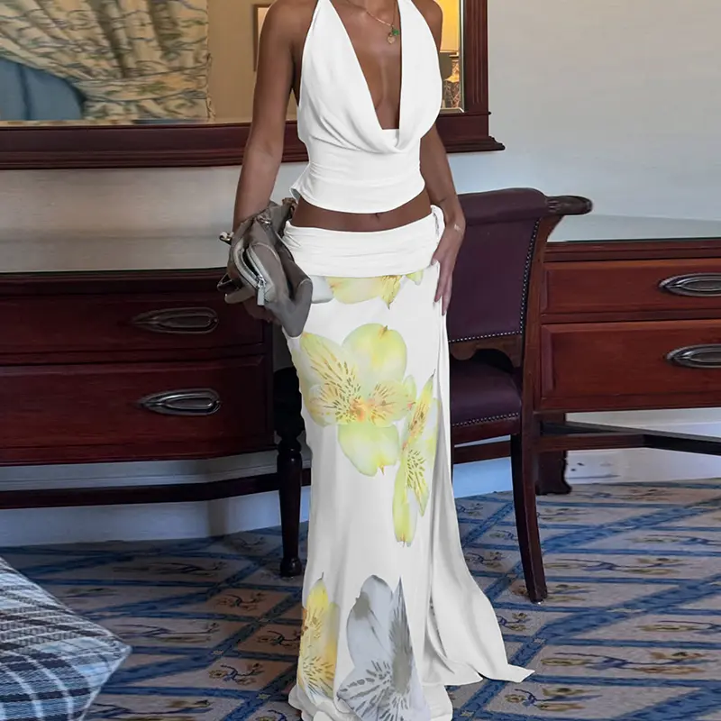 Floral Printed Tank Top And Long Skirt Set For Women