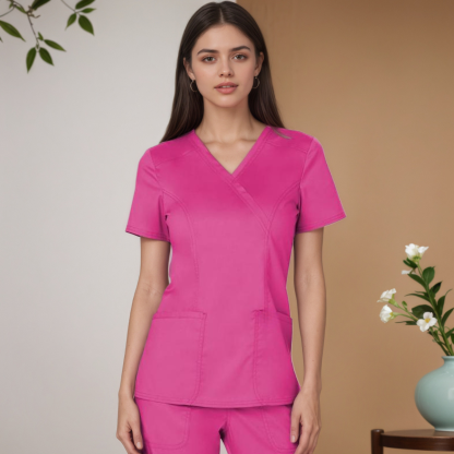 Women Scrubs Mock Wrap Top With 3 Pockets