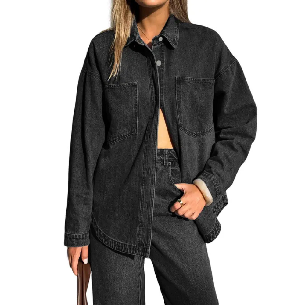 Casual Denim Shirt With Front Button Closure And Dual Pockets For Women