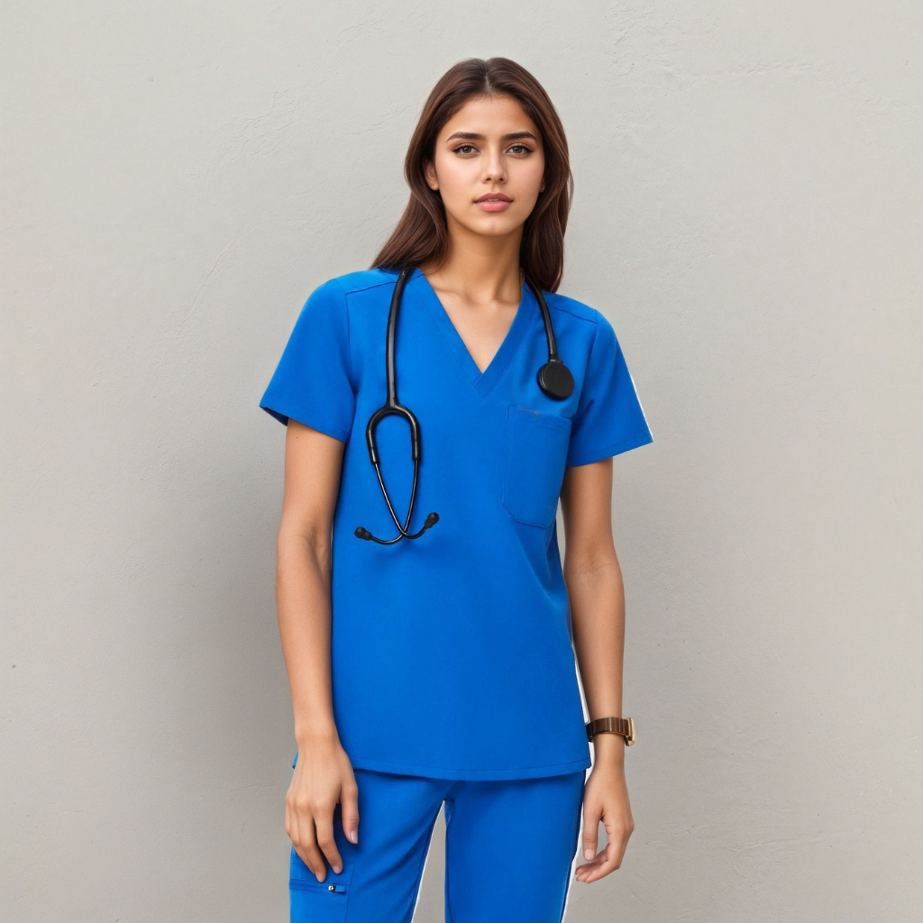 Classic Women Scrub Top With Short Sleeves And Single Pocket
