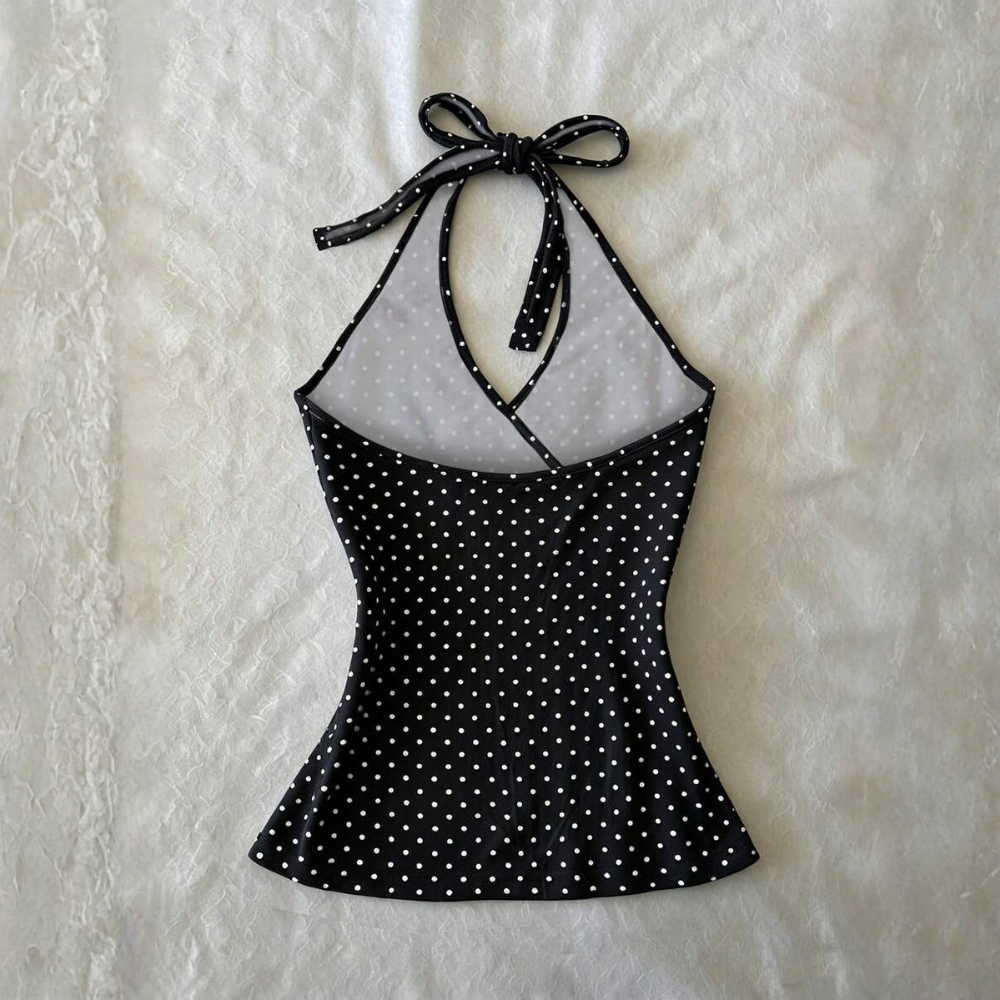 Polka Dot Digital Print Halter Neck Tie Back Tank Tops