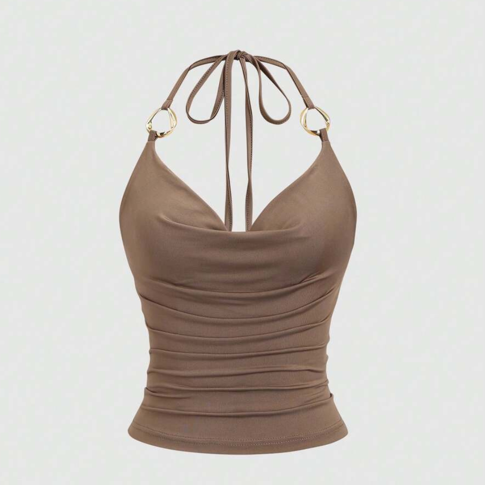 Ring Decor Draped Neck Tie Strap Tank Top