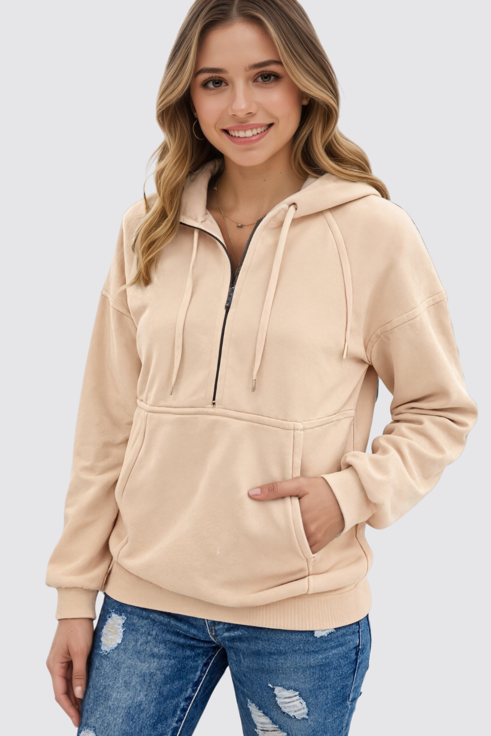 Casual Long Sleeve Lapel Zipper Drawstring Loose Pullover Sweatshirt