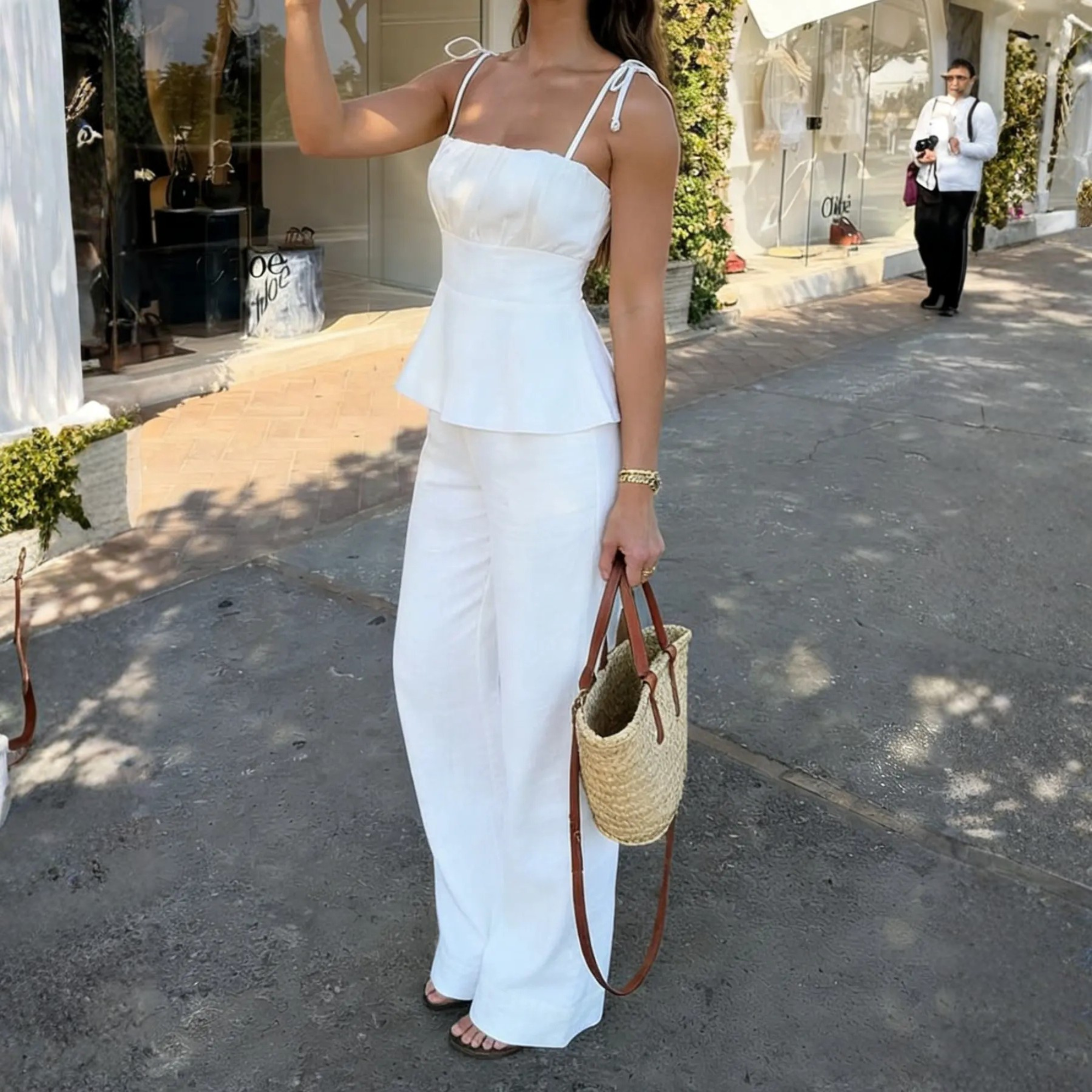 Casual Simple Ruffled Spaghetti Strap Cami Top And Pants Set