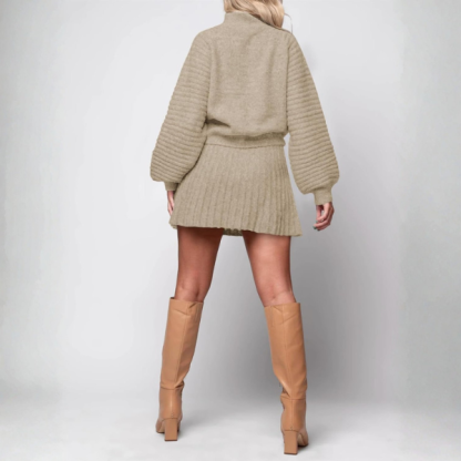 2 Piece Ribbed Knit Puff Sleeve Sweater Top And Mini Skirt Outfit Set