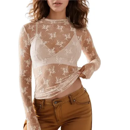 Floral Lace Mesh Top With Long Sleeves And Sheer Layering Design For Women