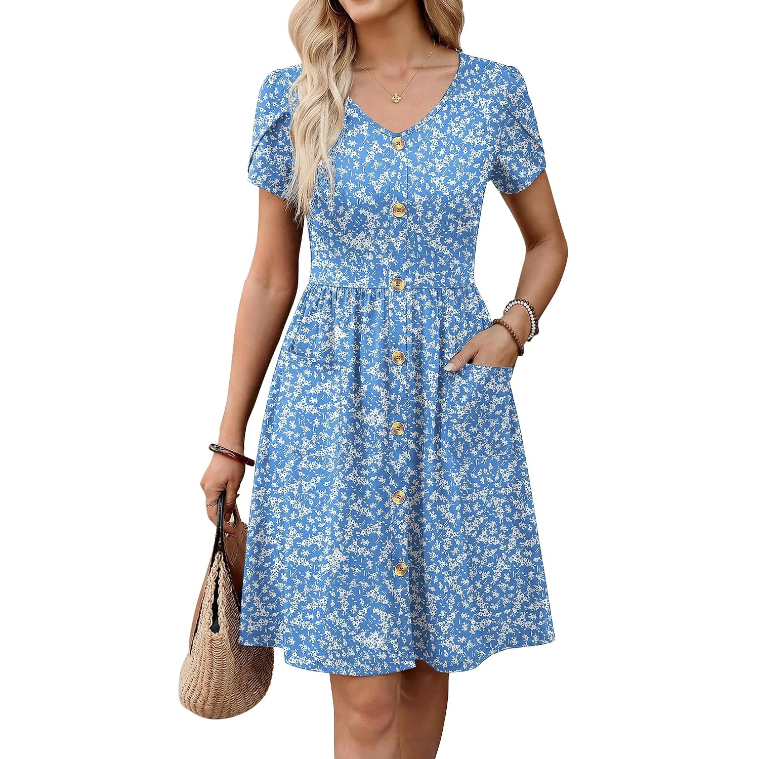 Pleated Sleeve With Front Button Dress For Women
