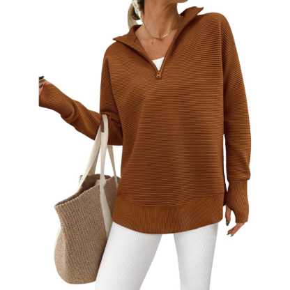 Womens Long Sleeve Quarter Zip Pullover Sweater Casual Loose V Neck Collared Ribbed Knit Jumper Tops Thumb Hole