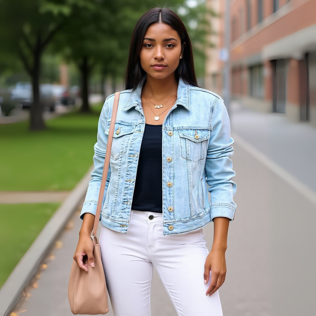 Stretch Fitted Denim Jacket with Long Sleeves