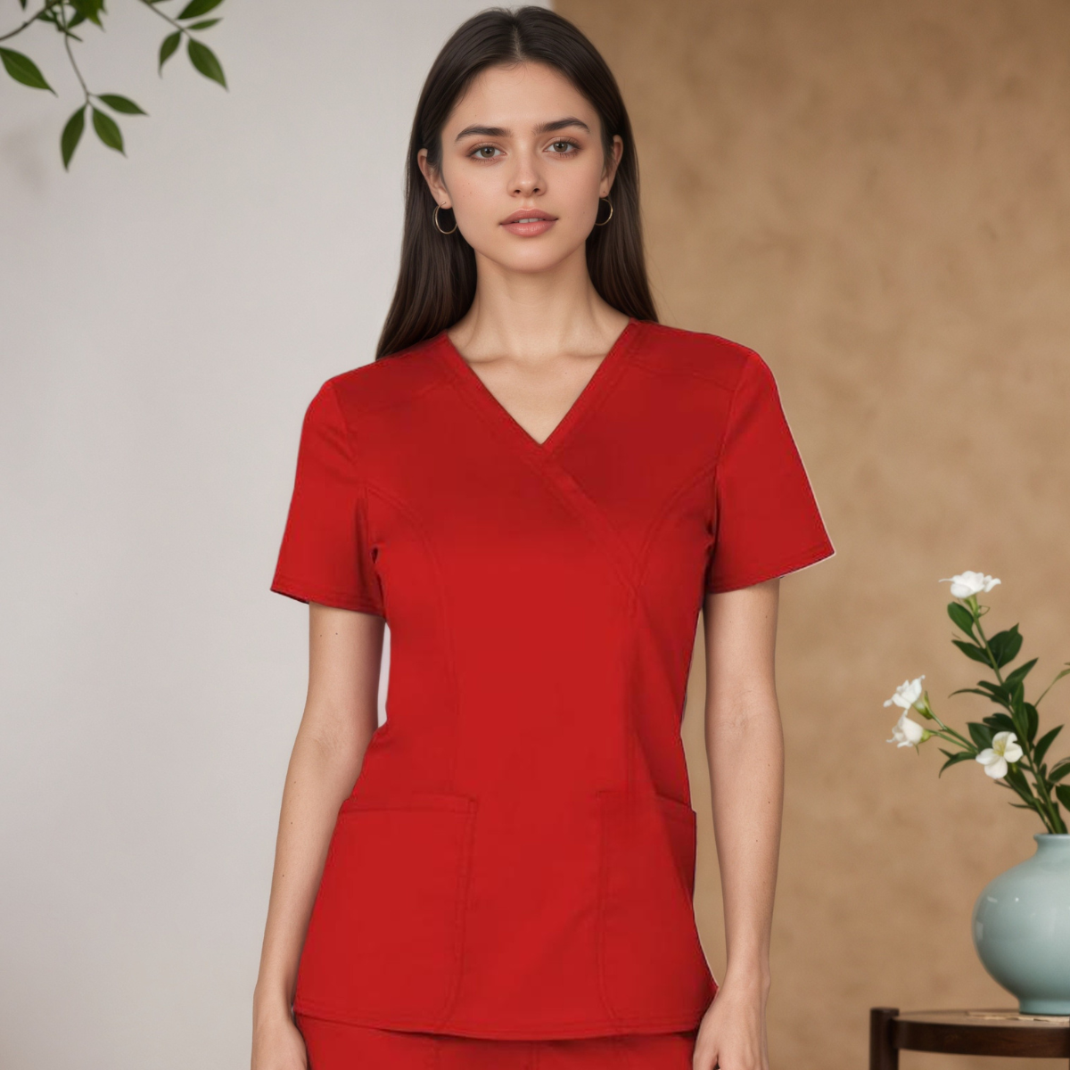 Women Scrubs Mock Wrap Top With 3 Pockets