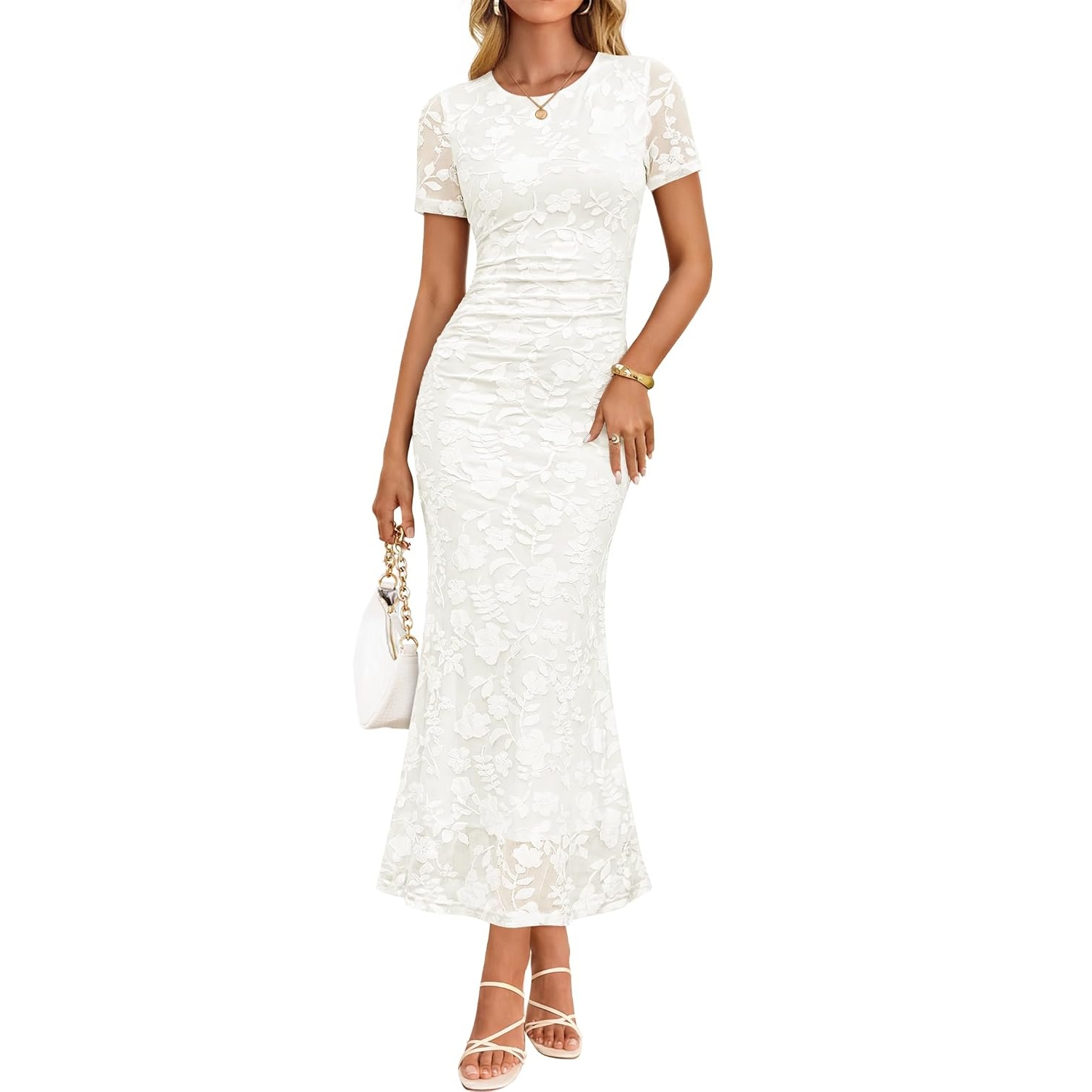 Bodycon Floral Mesh Sleeve Ruched Sleeve Dress For Women
