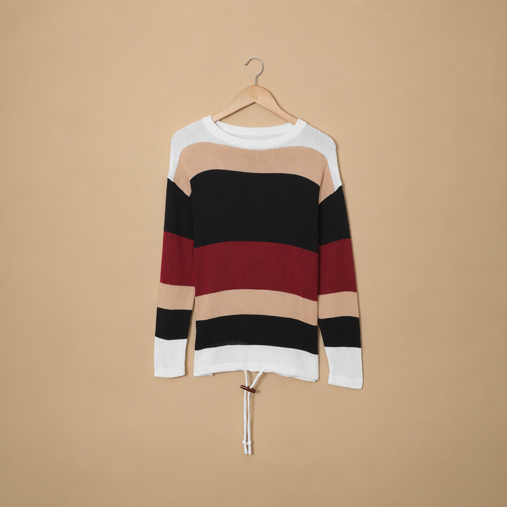 Striped Winter Fashion Outfits Sweaters With Drawstring For Women