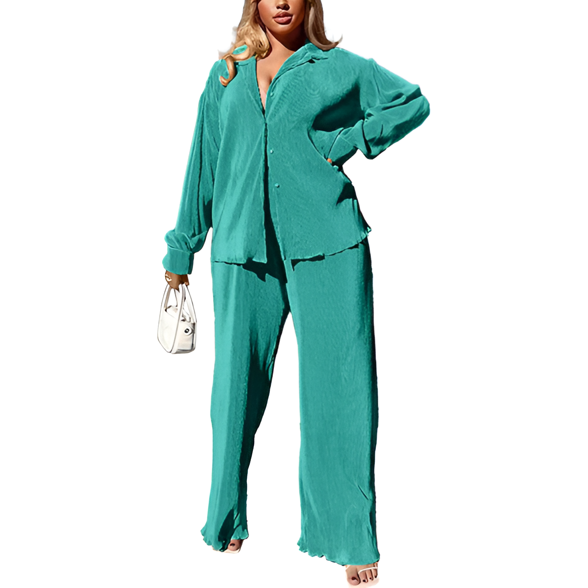 2 Piece Button Down Shirt And Pleated Pants Set For Women