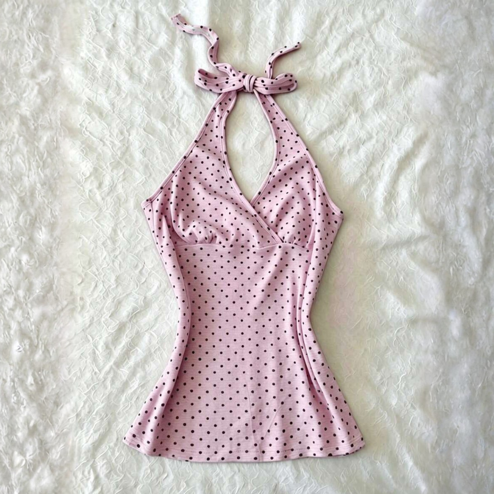 Polka Dot Digital Print Halter Neck Tie Back Tank Tops
