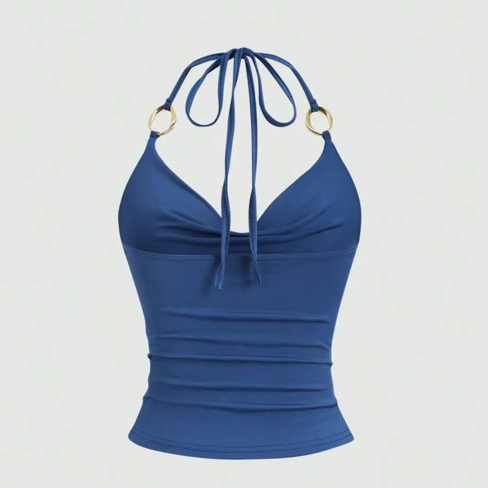 Ring Decor Draped Neck Tie Strap Tank Top