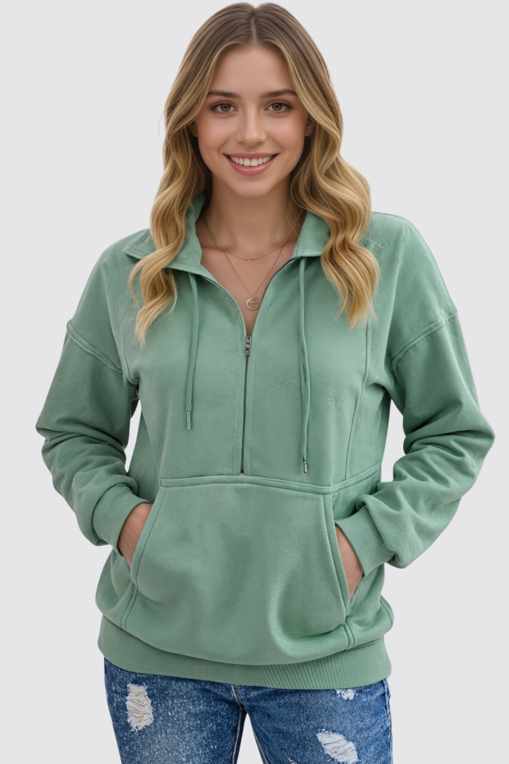 Casual Long Sleeve Lapel Zipper Drawstring Loose Pullover Sweatshirt