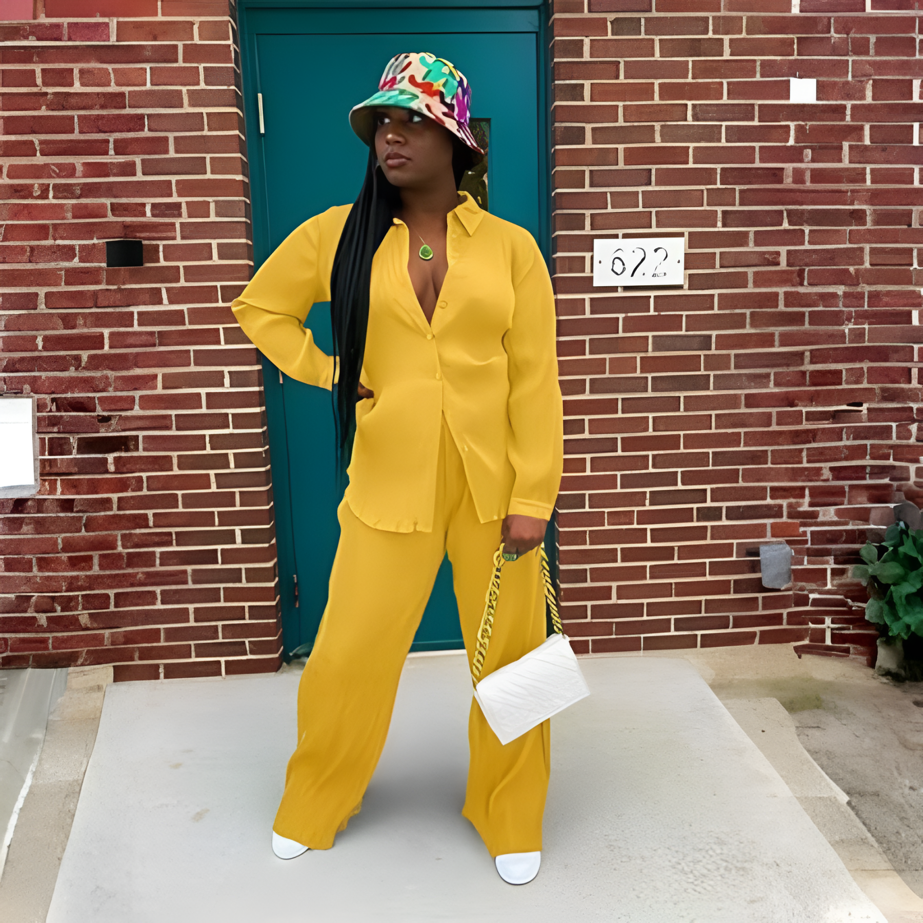 2 Piece Button Down Shirt And Pleated Pants Set For Women