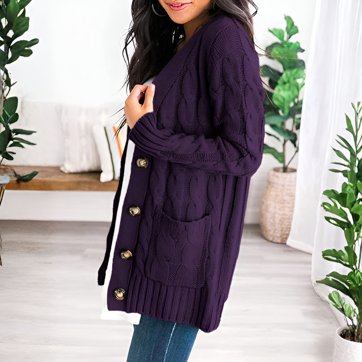 Cable Knit Button Front Open Cardigan