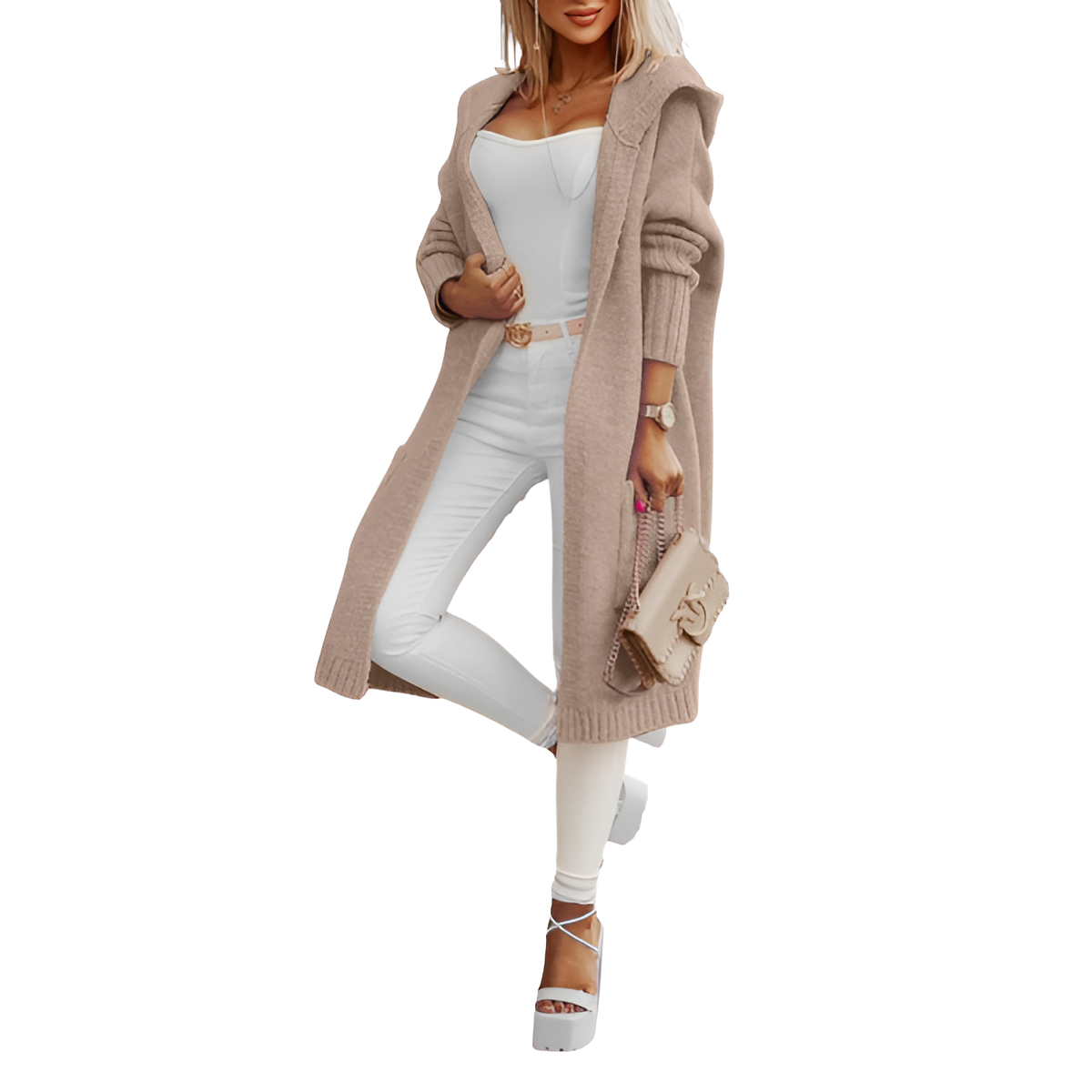 Long Knitted Hooded Cardigan With Open Front  For Women