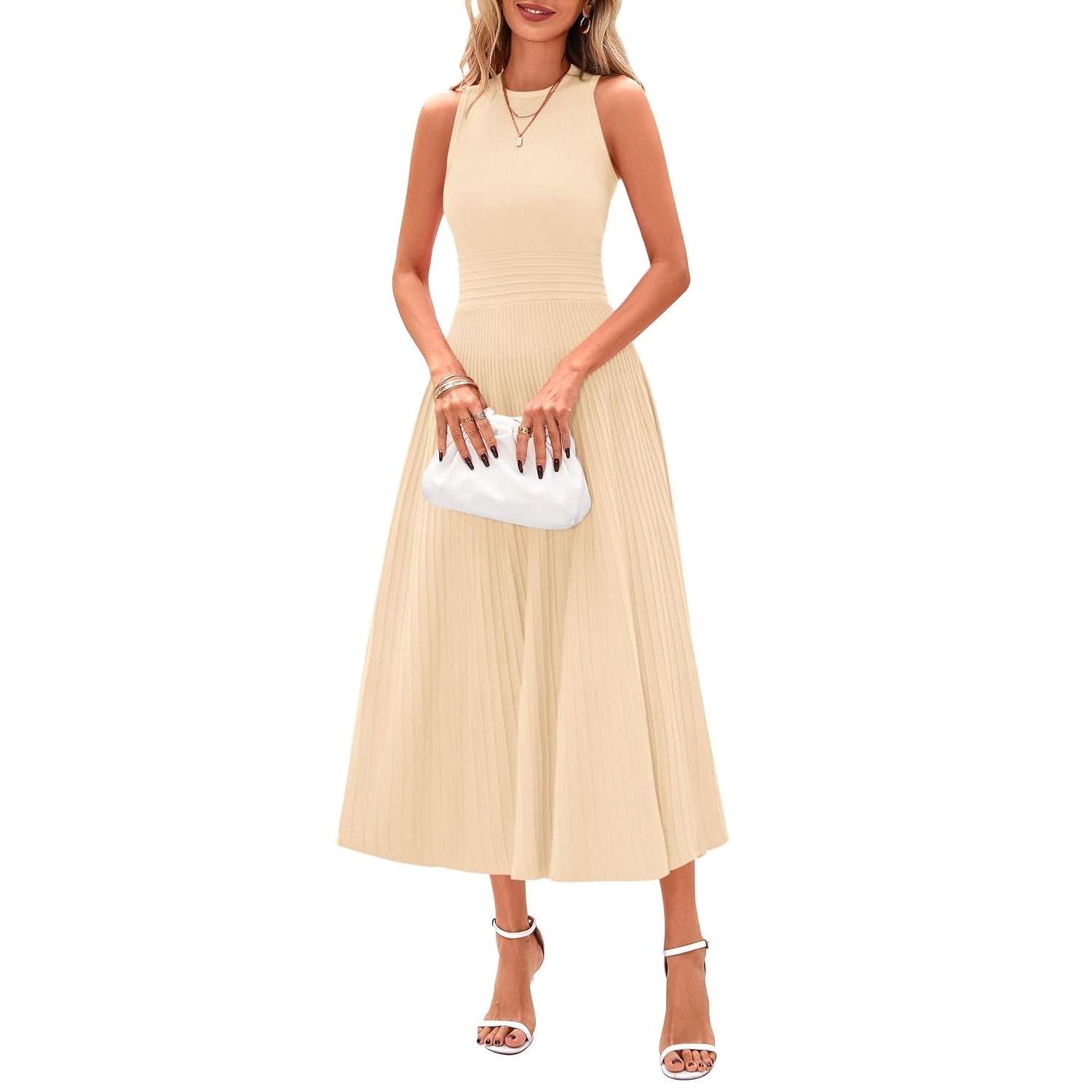 Casual Sleeveless Midi Dress With Pleated Design For Women