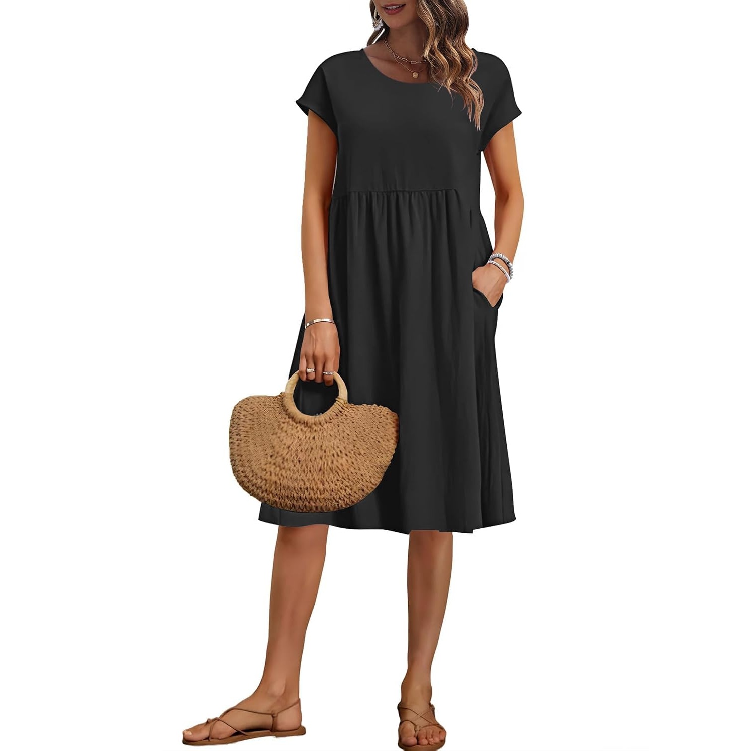 Cap Sleeve A Line Dress with Pockets for Women