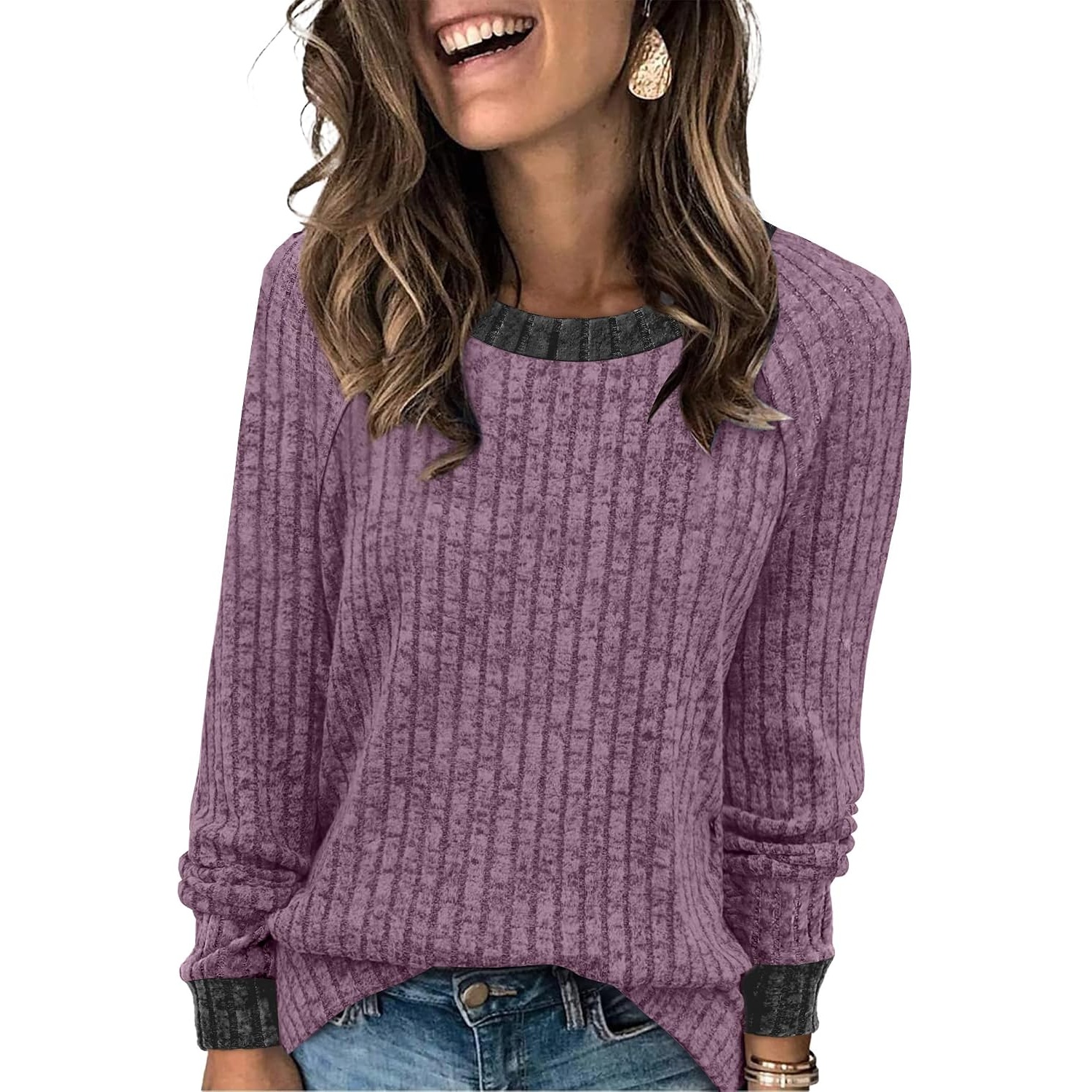 Casual Ribbed Long Sleeve Cuff Detail Top for Women