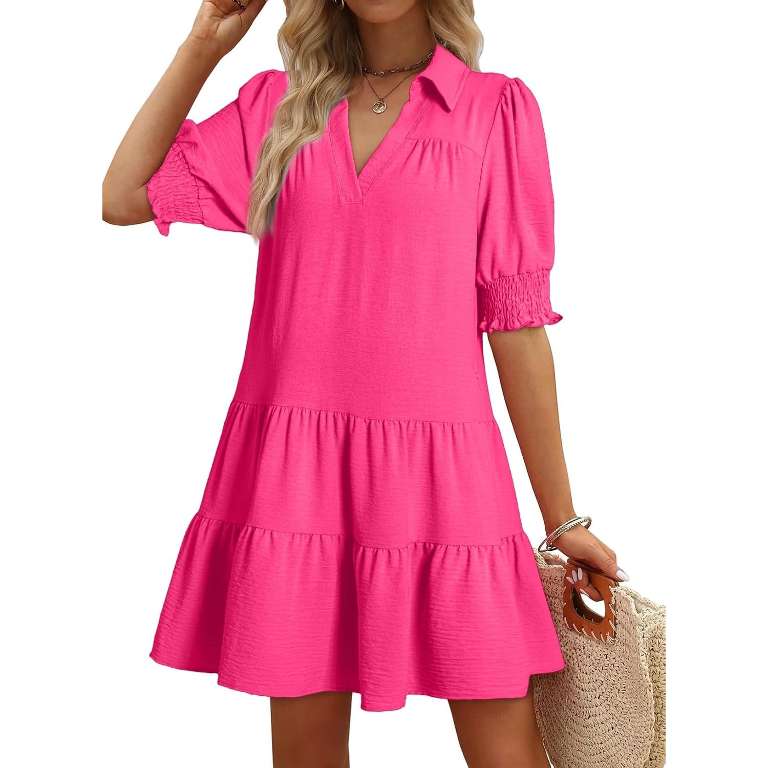 Casual Pleated Summer Lapel Collared Mid Sleeved Dress